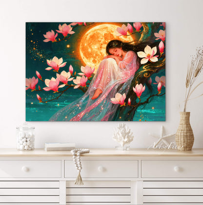Framed Canvas- Vibrant Magnolia Flowers Beautiful Brunette Asian Woman’s Abstract Portrait Original Artwork Fantasy Wall Art Print