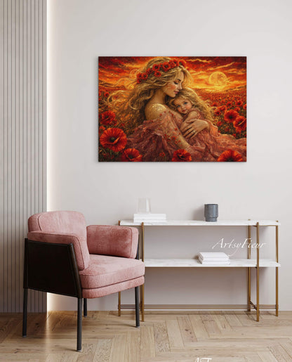 Framed Canvas- Vibrant Poppies Field Mother and Daughter Portrait Whimsical Full Moon Sunset Fantasy Oil Painting Wall Art Print