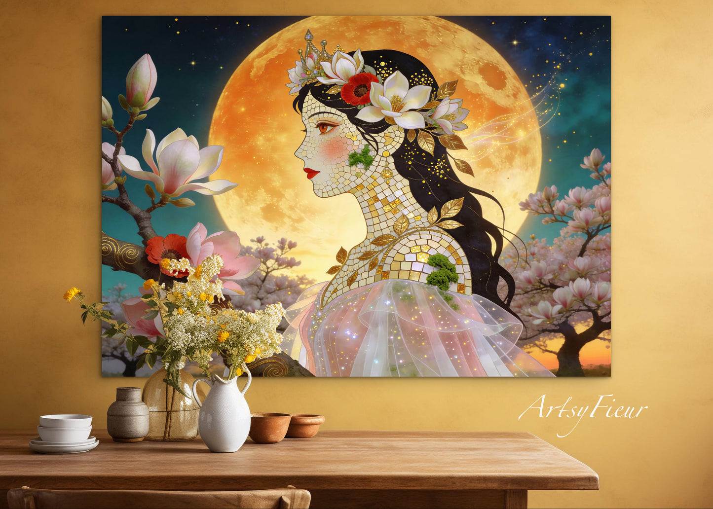 Framed Canvas- Vibrant Magnolia Flowers Beautiful Brunette Woman’s Abstract Portrait Mosaic Original Artwork Fantasy Wall Art Print Mother Nature