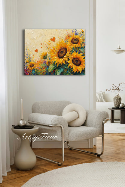 Framed Canvas Print- Vibrant Wildflowers and sunflowers Oil Painting Textured Wall Art , Beautiful Original Artwork Ready to Hang Living Room, Floral