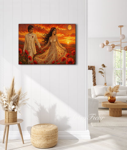 Framed canvas- whimsical full moon sunset -bride and groom, wedding, fantasy oil painting wall art print