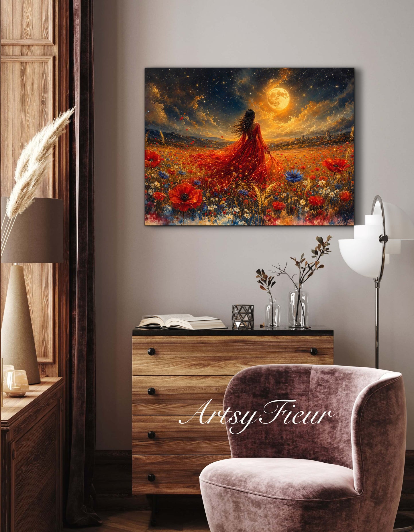 Framed Canvas - Vibrant poppies and wildflowers Whimsical Full Moon starry night sky Bride in Poppy Field, Wall Art Ready to hang original Artwork Print Red Dress