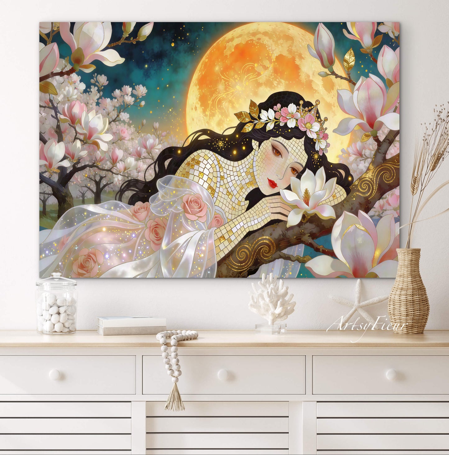 Framed Canvas- Vibrant Magnolia Flowers Beautiful Brunette Woman’s Abstract Portrait Mosaic Original Artwork Fantasy Wall Art Print