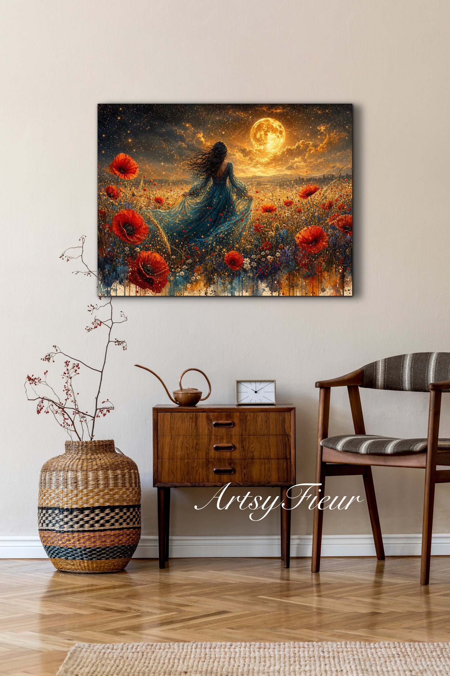 Framed Canvas - Vibrant poppies and wildflowers Whimsical Full Moon starry night sky Bride in Poppy Field, Wall Art Ready to hang original Artwork Print Blue Dress