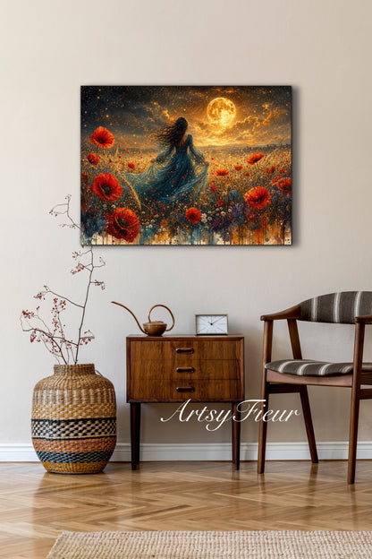 Framed Canvas - Vibrant poppies and wildflowers Whimsical Full Moon starry night sky Bride in Poppy Field, Wall Art Ready to hang original Artwork Print Blue Dress