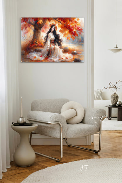 Framed Canvas- Vibrant Colours Beautiful Brunette Asian Woman Under the Maple Tree Abstract Portrait Original Artwork Fantasy Autumn Wall Art Print