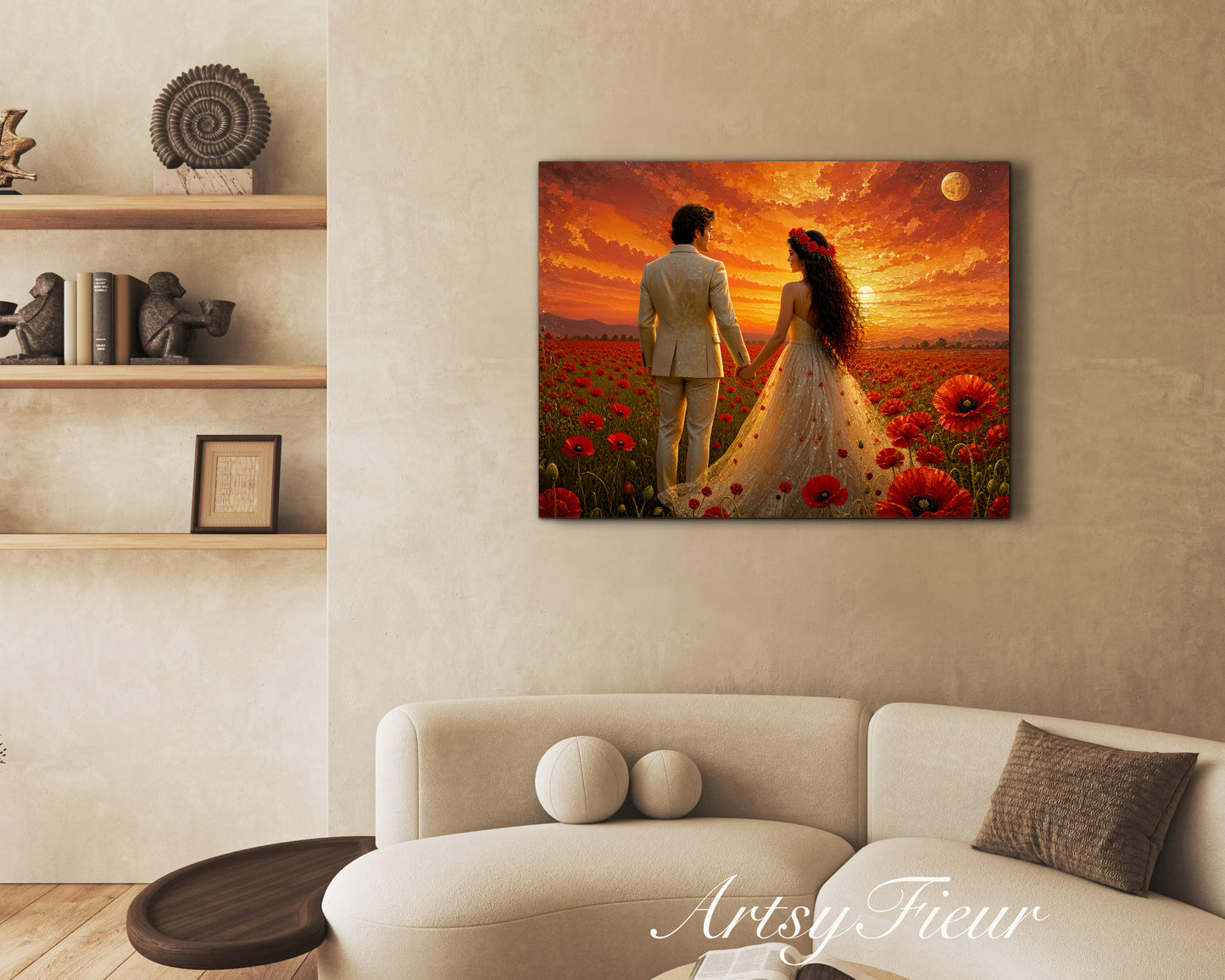 Framed canvas- whimsical full moon sunset bride and groom, wedding, poppy field, vibrant colours living room original artwork, fantasy oil painting wall art print