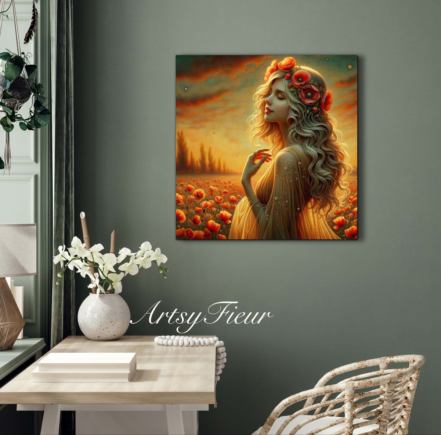 Framed canvas- Original Artwork Vibrant Poppies watercolour floral painting beautiful blondewoman ready to hang wall art print, abstract portrait colourful painting for living room