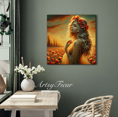 Framed canvas- Original Artwork Vibrant Poppies watercolour floral painting beautiful blondewoman ready to hang wall art print, abstract portrait colourful painting for living room