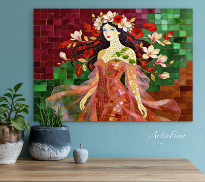 Framed Canvas- Vibrant Magnolia Flowers Beautiful Brunette Woman’s Abstract Portrait Mosaic Original Artwork Fantasy Wall Art Print Mother Nature