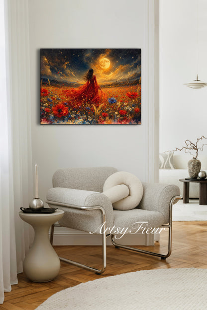 Framed Canvas - Vibrant poppies and wildflowers Whimsical Full Moon starry night sky Bride in Poppy Field, Wall Art Ready to hang original Artwork Print Red Dress