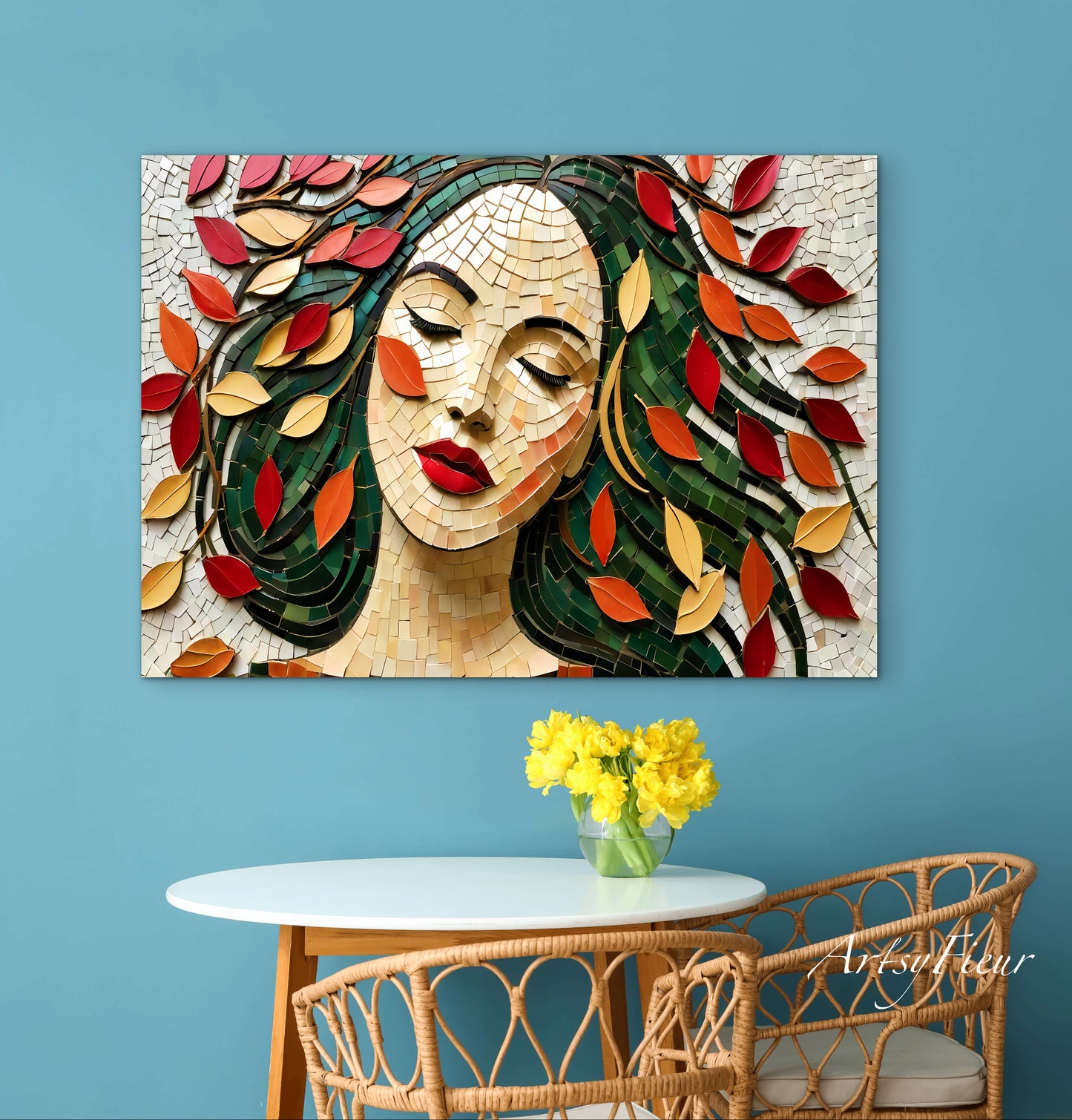 Framed Canvas- Vibrant Colours Beautiful Brunette Woman’s Abstract Portrait Mosaic Autumn Leaves Original Artwork Fantasy Wall Art Print