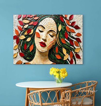 Framed Canvas- Vibrant Colours Beautiful Brunette Woman’s Abstract Portrait Mosaic Autumn Leaves Original Artwork Fantasy Wall Art Print