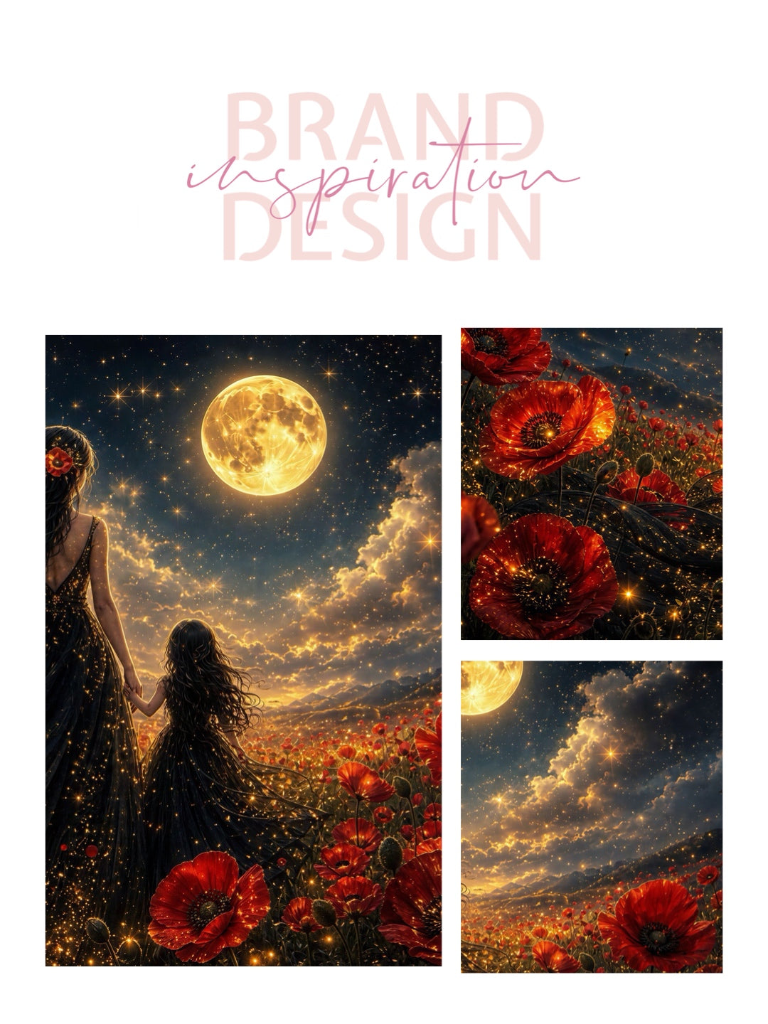 Framed Canvas- Vibrant Poppies Field Mother and Daughter Portrait Whimsical Full Moon Sunset Fantasy Oil Painting Wall Art Print