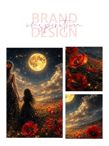 Framed Canvas- Vibrant Poppies Field Mother and Daughter Portrait Whimsical Full Moon Sunset Fantasy Oil Painting Wall Art Print