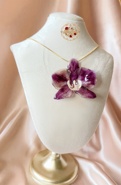*REAL FLOWER Large Dark Purple Orchid Necklace Preserved Flower in Resin Pendant Orchid on Chain Botanical Floral Necklace