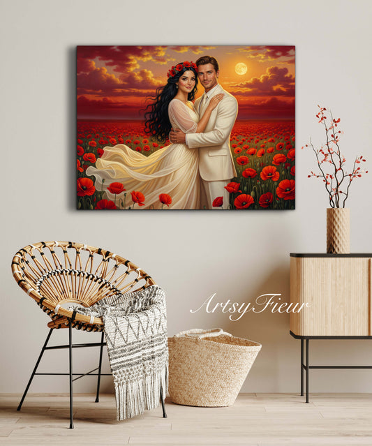 Framed canvas- whimsical full moon sunset bride and groom, wedding, poppy field, vibrant colours living room original artwork, fantasy oil painting wall art print