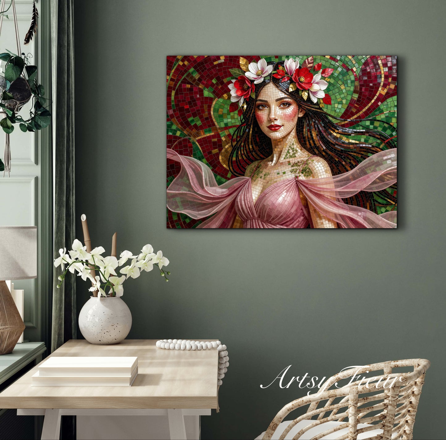 Framed Canvas- Vibrant Magnolia Flowers Beautiful Brunette Woman’s Abstract Portrait Mosaic Original Artwork Fantasy Wall Art Print