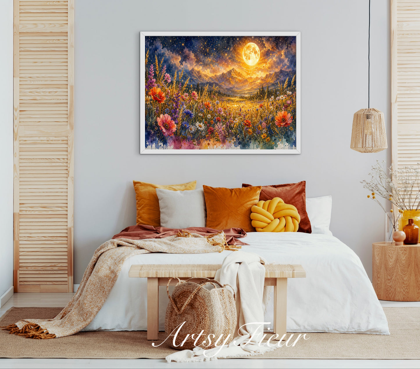 Framed canvas- vibrant full moon starry night sky colourful wildflowers floral wall art living room