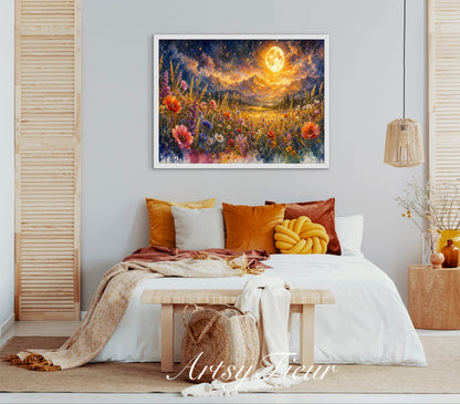 Framed canvas- vibrant full moon starry night sky colourful wildflowers floral wall art living room