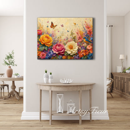 Framed Canvas Print- Vibrant Wildflowers and Petunias Oil Painting Textured Wall Art , Beautiful Original Artwork Ready to Hang Living Room, Floral
