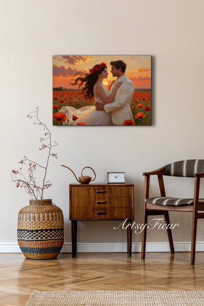 Framed canvas- whimsical full moon sunset bride and groom, wedding, poppy field, vibrant colours living room original artwork, fantasy oil painting wall art print