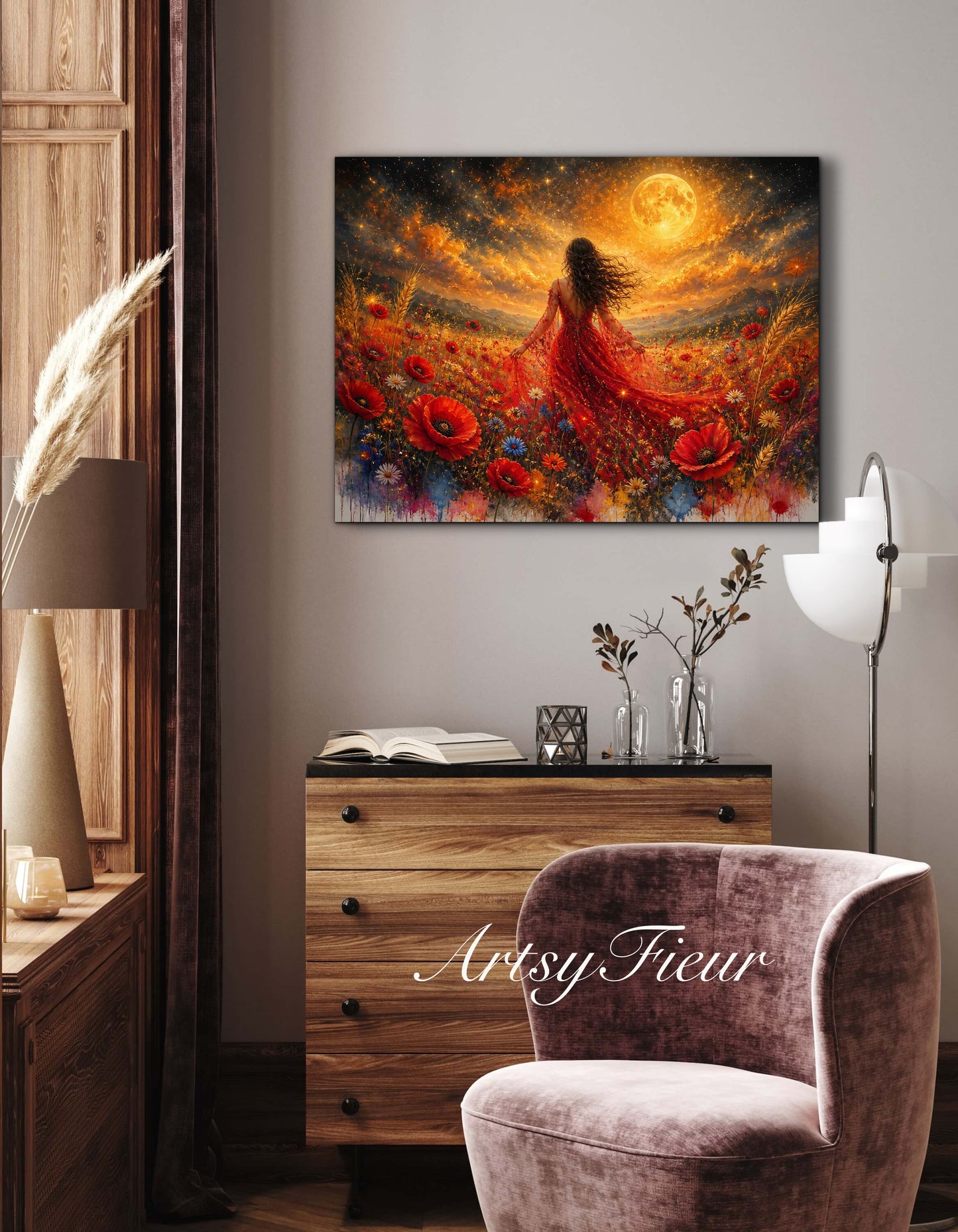 Framed Canvas - Vibrant poppies and wildflowers Whimsical Full Moon starry night sky Bride in Poppy Field, Wall Art Ready to hang original Artwork Print Red Dress
