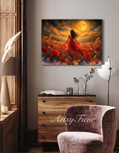 Framed Canvas - Vibrant poppies and wildflowers Whimsical Full Moon starry night sky Bride in Poppy Field, Wall Art Ready to hang original Artwork Print Red Dress
