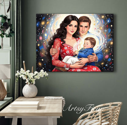 Framed Canvas- Vibrant Mother and Son Dad Family Portrait Fantasy Drawing Wall Art Print