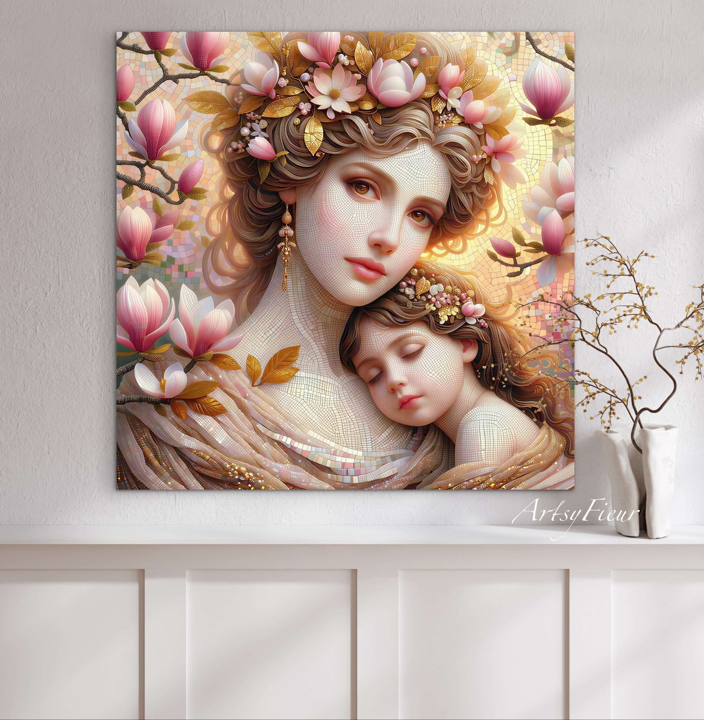 Framed canvas- ready to hang wall art print, abstract mother and daughter portrait Mosaic