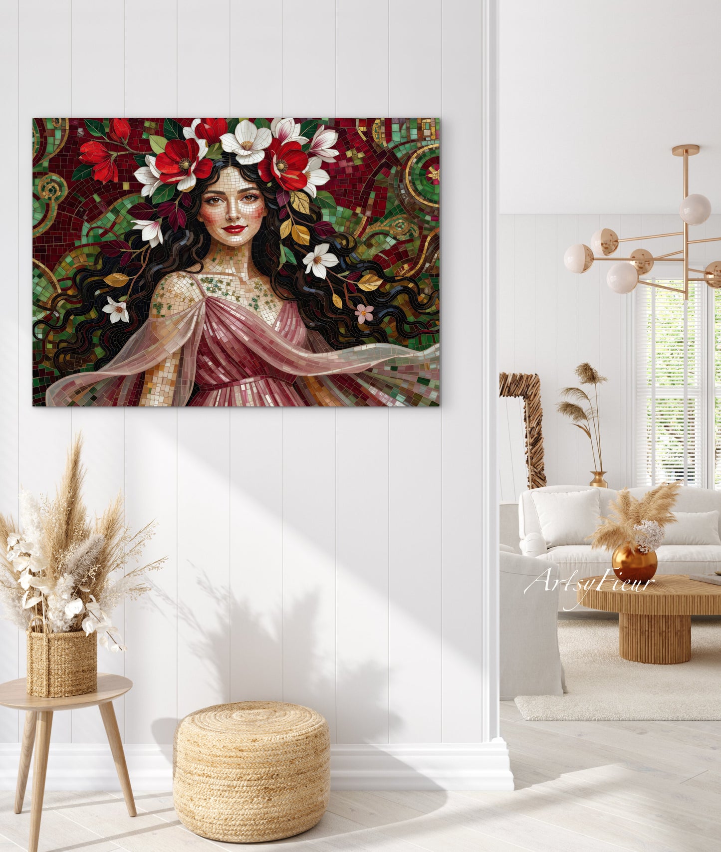 Framed Canvas- Vibrant Magnolia Flowers Beautiful Brunette Woman’s Abstract Portrait Mosaic Original Artwork Fantasy Wall Art Print Mother Nature