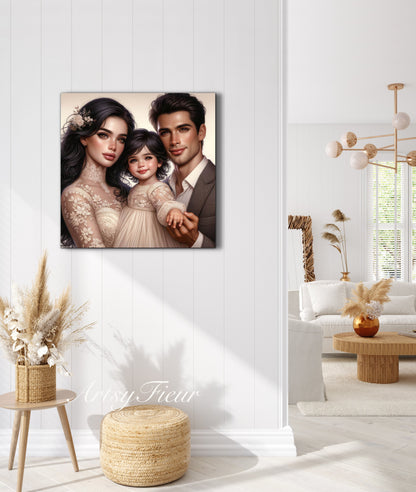Framed canvas- ready to hang wall art print, colourful drawing abstract family portrait mother and daughter colourful drawing