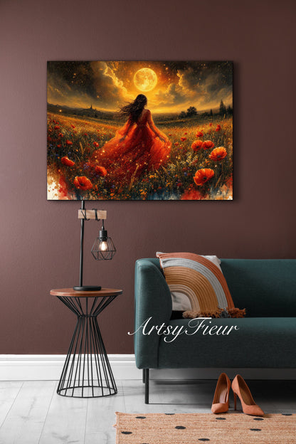 Framed Canvas - Vibrant poppies and wildflowers Whimsical Full Moon starry night sky Bride in Poppy Field, Wall Art Ready to hang original Artwork Print Red Dress