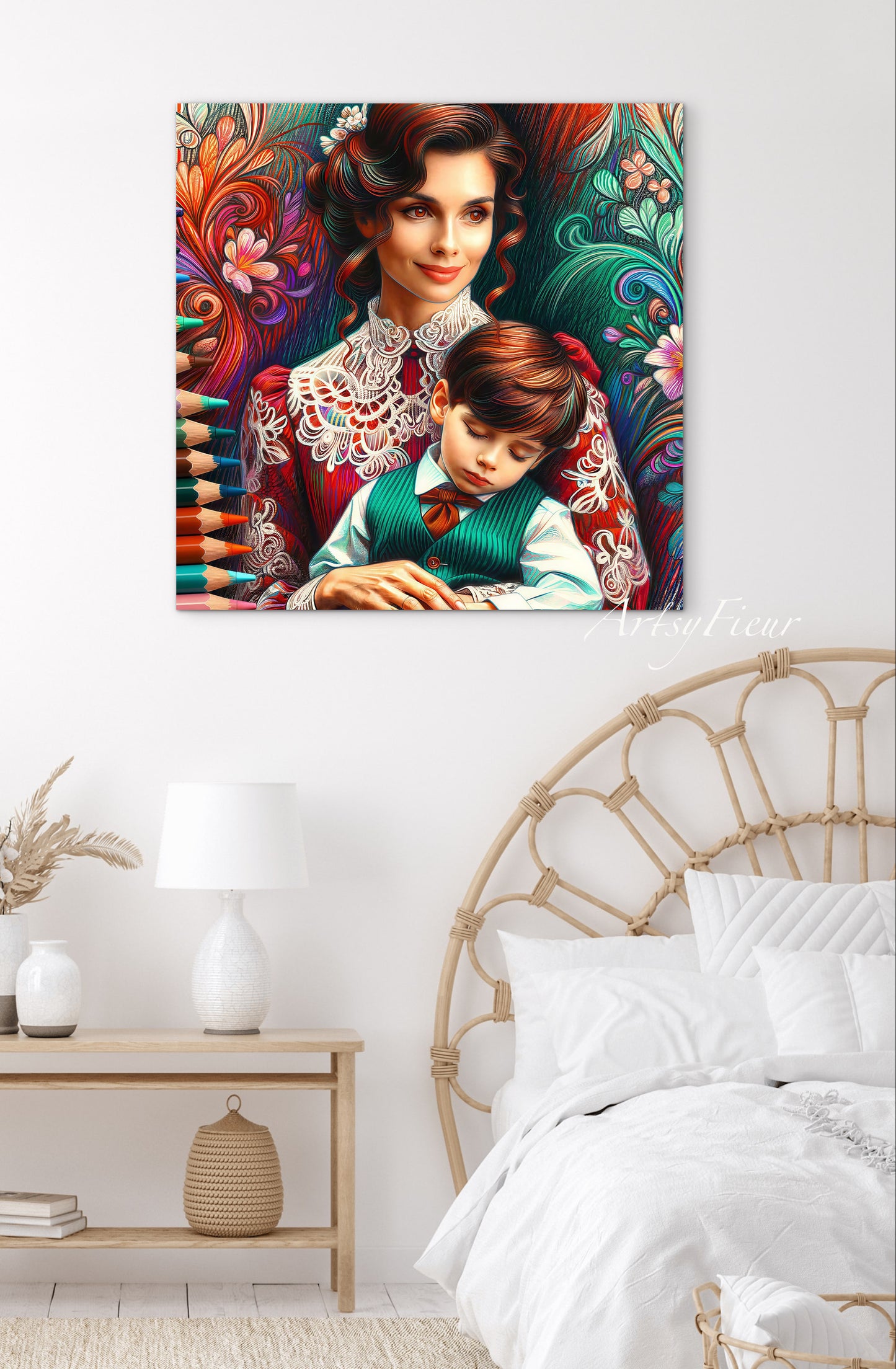 Framed canvas print Mother and son abstract coloured crayons portrait vibrant wall art