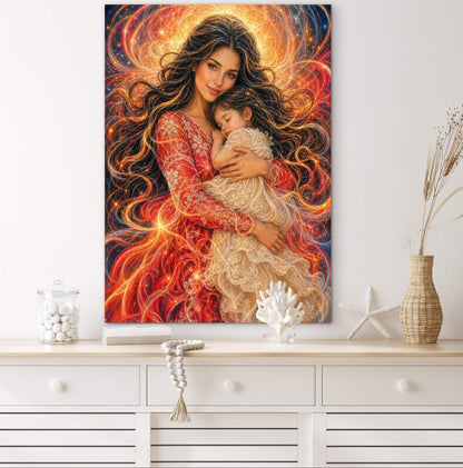 Abstract Portrait Mother and Daughter, Framed Canvas Ready to Hang, brunette dark hair baby girl