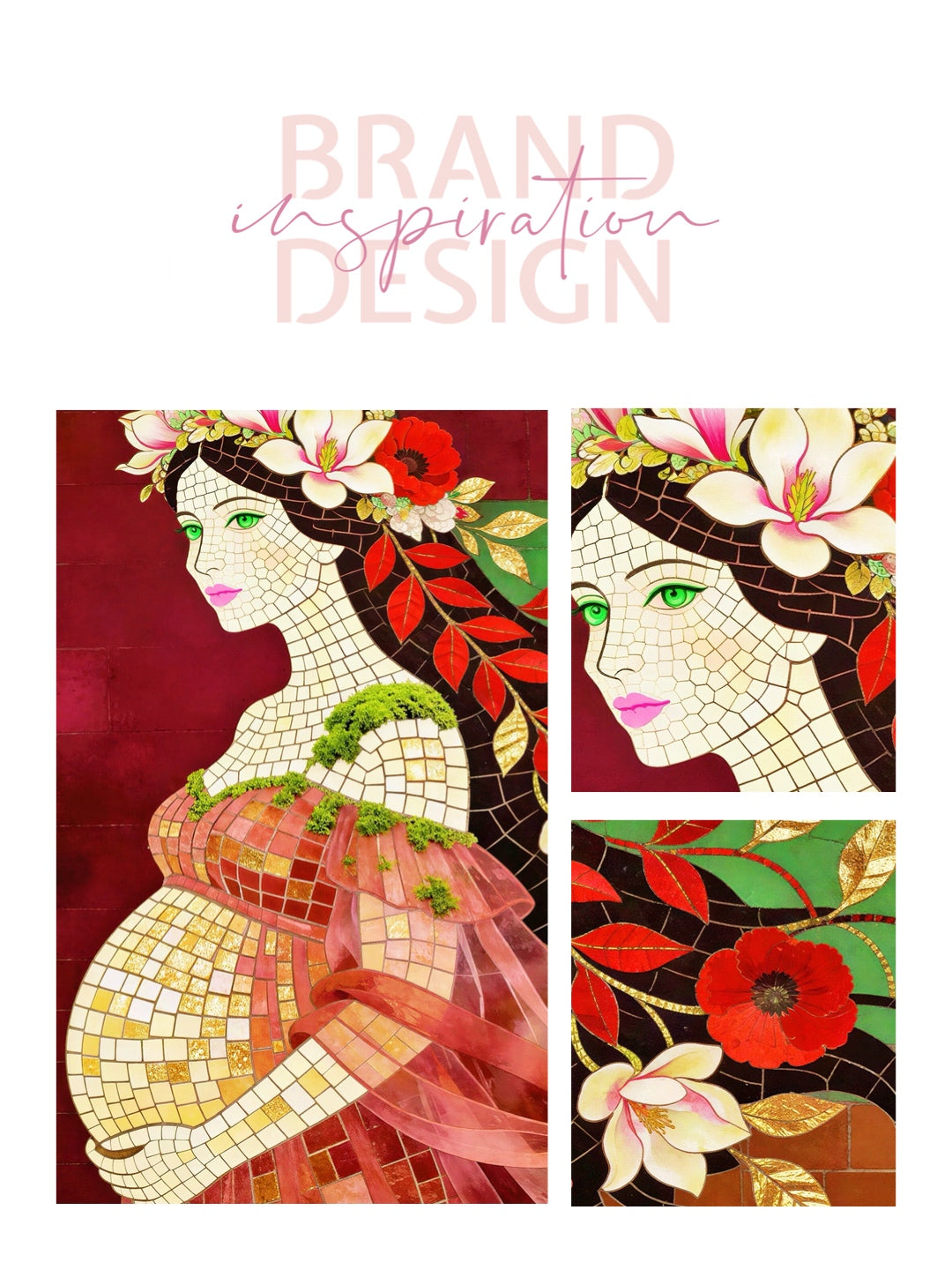 Framed Canvas- Vibrant Magnolia Flowers Beautiful Brunette Pregnant Woman’s Abstract Portrait Mosaic Original Artwork Fantasy Wall Art Print Mother Nature