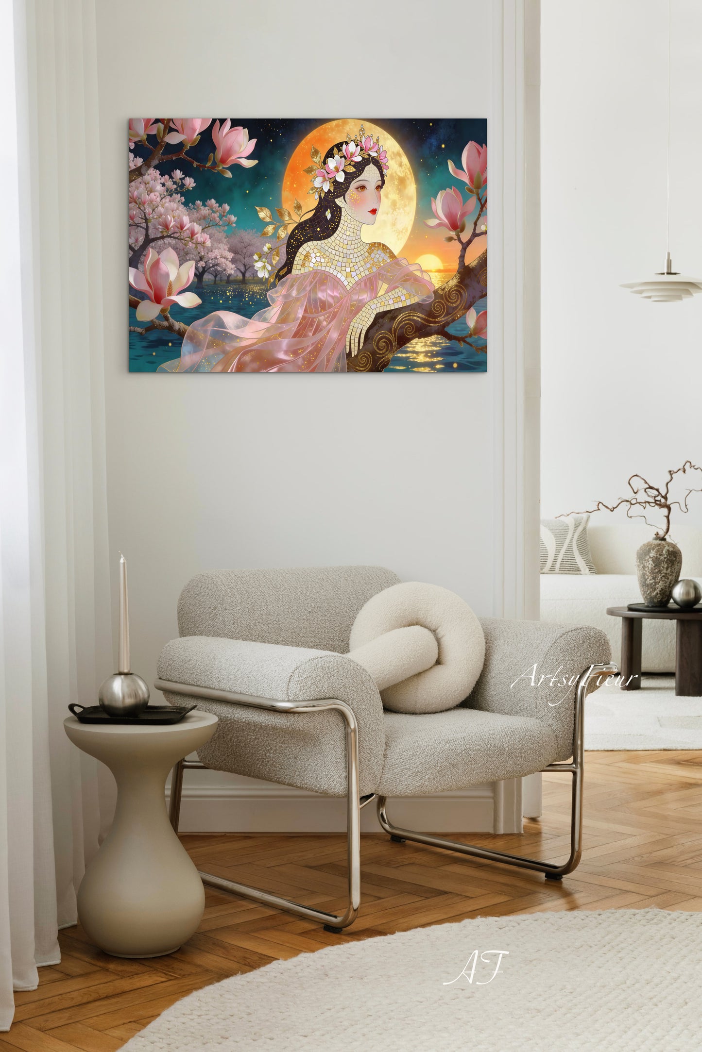 Framed Canvas- Vibrant Magnolia Flowers Beautiful Brunette Woman’s Abstract Portrait Mosaic Original Artwork Fantasy Wall Art Print