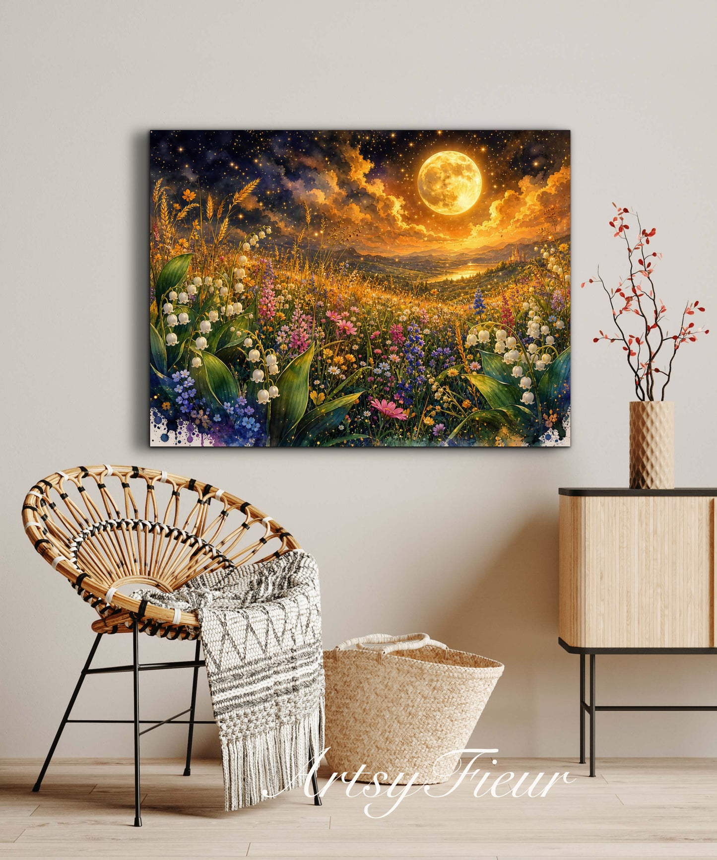 Framed Canvas Print- Vibrant Wildflowers and Lilly of The Valley Oil Painting Textured Wall Art , Beautiful Original Artwork Ready to Hang Living Room, Floral