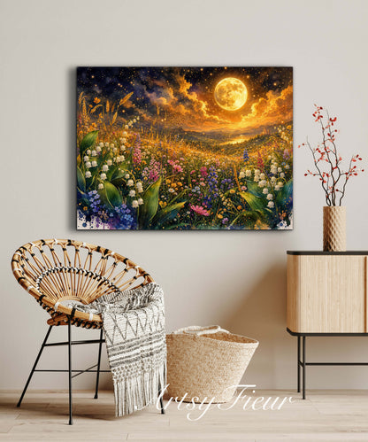 Framed Canvas Print- Vibrant Wildflowers and Lilly of The Valley Oil Painting Textured Wall Art , Beautiful Original Artwork Ready to Hang Living Room, Floral