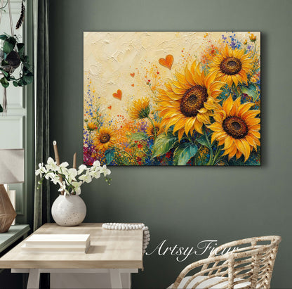 Framed Canvas Print- Vibrant Wildflowers and sunflowers Oil Painting Textured Wall Art , Beautiful Original Artwork Ready to Hang Living Room, Floral