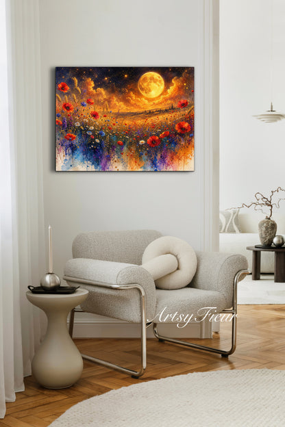 Framed Canvas Print- Vibrant Wildflowers and Poppies Oil Painting Textured Wall Art , Beautiful Original Artwork Ready to Hang Living Room, Floral