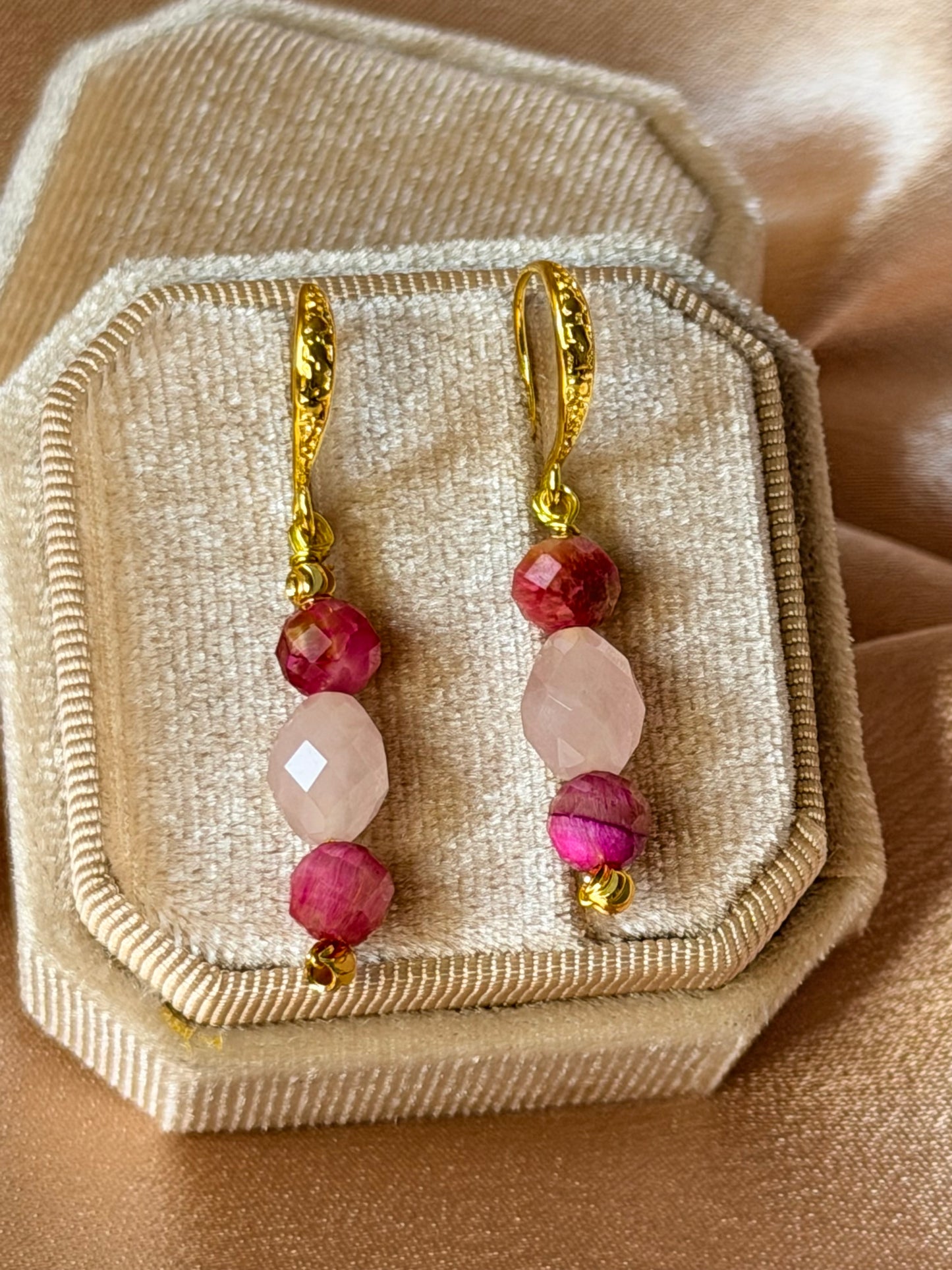 Rose Quartz Earrings Pink Tigers Eye Natural Gemstone Dangle Drop Long Earrings Hypoallergenic