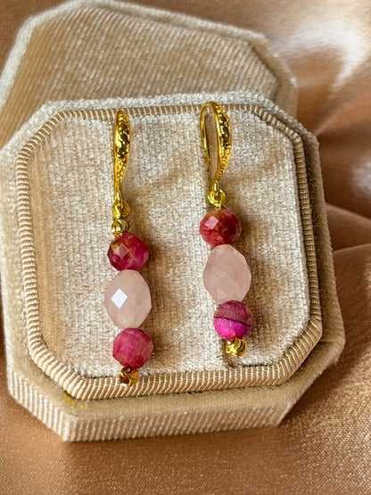Rose Quartz Earrings Pink Tigers Eye Natural Gemstone Dangle Drop Long Earrings Hypoallergenic