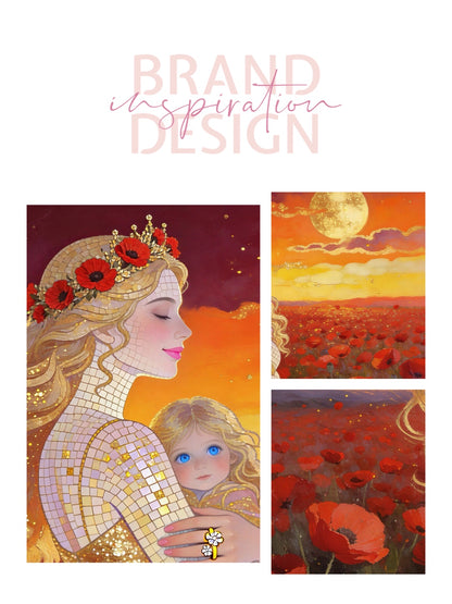 Framed Canvas- Vibrant Poppies Field Mother and Daughter Portrait Whimsical Full Moon Sunset Fantasy Oil Painting Wall Art Print