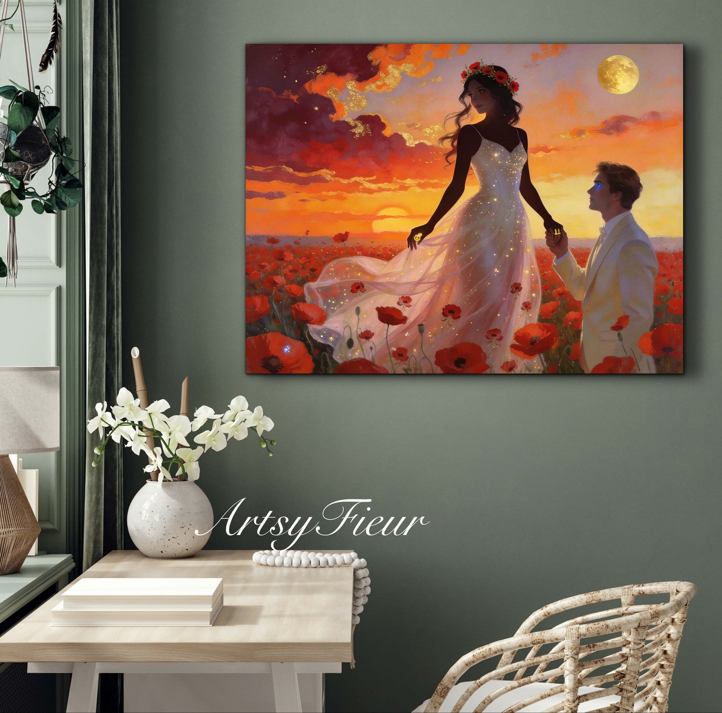 Framed canvas- whimsical full moon sunset bride and groom, wedding, poppy field, vibrant colours living room original artwork, fantasy watercolour paintingwall art print