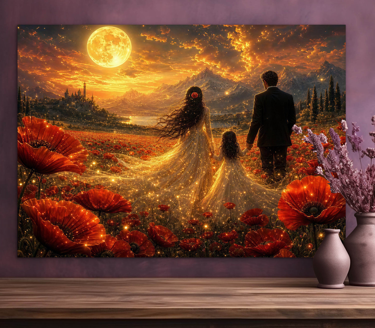 Framed Canvas Vibrant Poppies- Whimsical full moon fantasy oil painting Wedding celebration mother and daughter beautiful family portrait Original wall art print