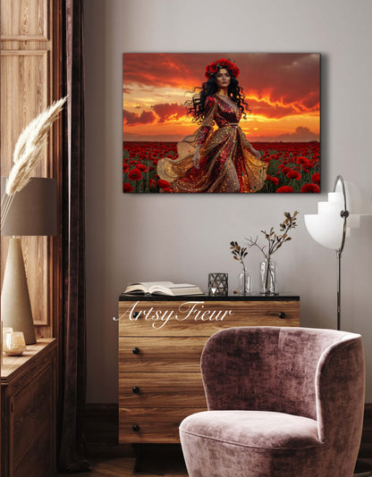 Framed Canvas - Vibrant Poppies Whimsical Sunset Beautiful Brunette in Poppy Field, Wall Art Ready to hang Oil Painting Original Artwork Print