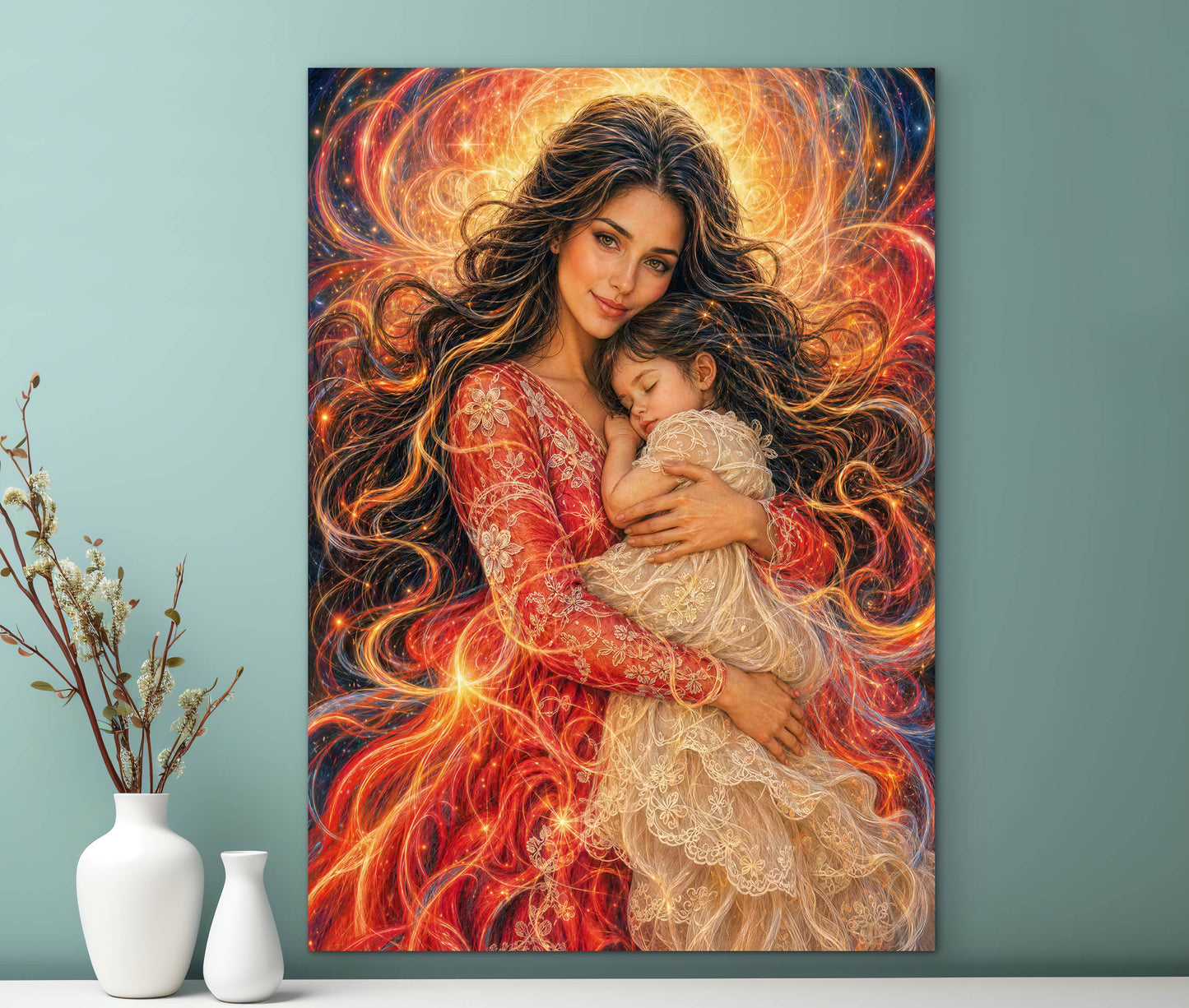 Abstract Portrait Mother and Daughter, Framed Canvas Ready to Hang, brunette dark hair baby girl
