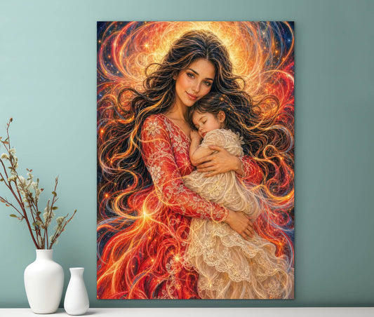 Abstract Portrait Mother and Daughter, Framed Canvas Ready to Hang, brunette dark hair baby girl