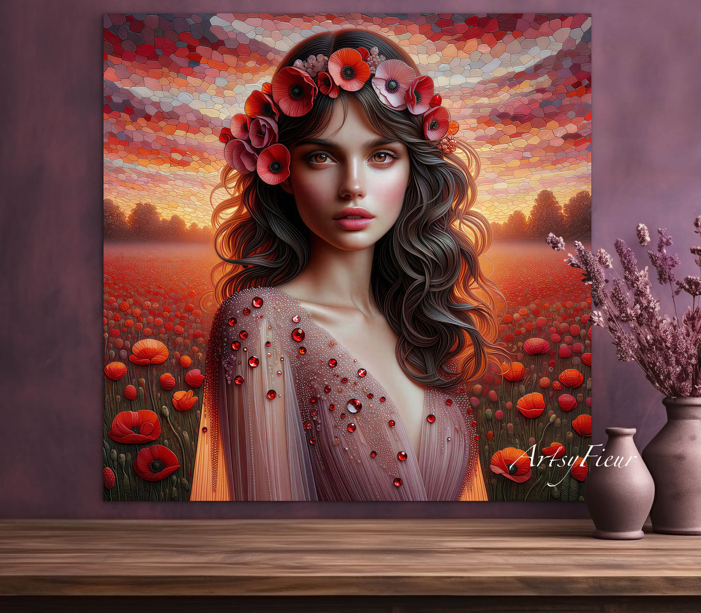Framed canvas- Original Artwork Vibrant Poppies watercolour floral painting beautiful brunette woman ready to hang wall art print, abstract portrait